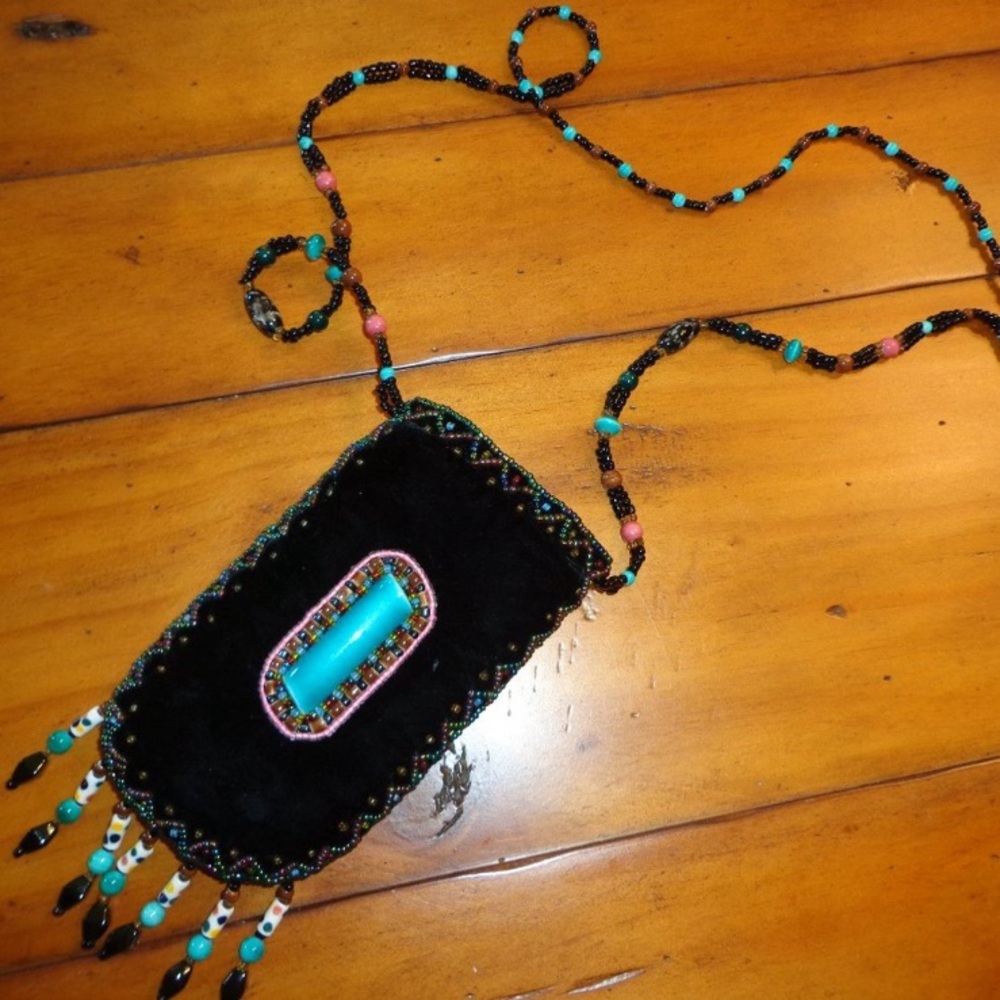 Boho Bag HANDMADE Purse Artisan Turquoise Beaded Velvet Black Blue 5”x 3”